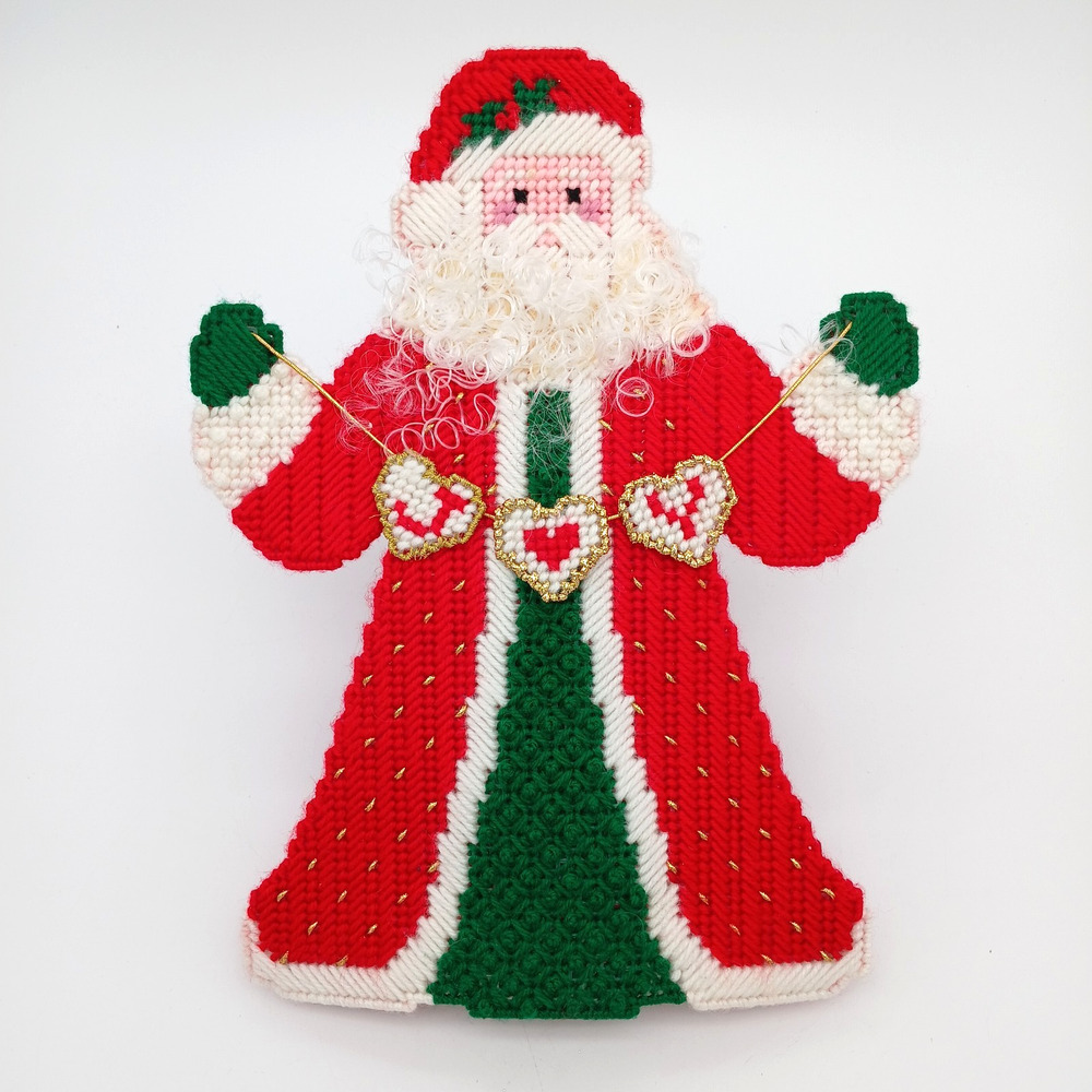 Needlepoint Christmas Santa Tree Topper Vintage Plastic Canvas Handcrafted 13.5"